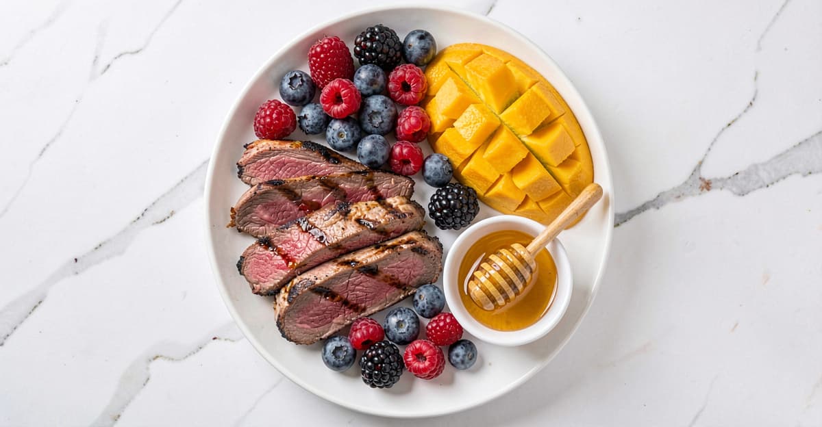 Grilled steak with fresh berries, mango, and honey — the core foods of an animal-based diet