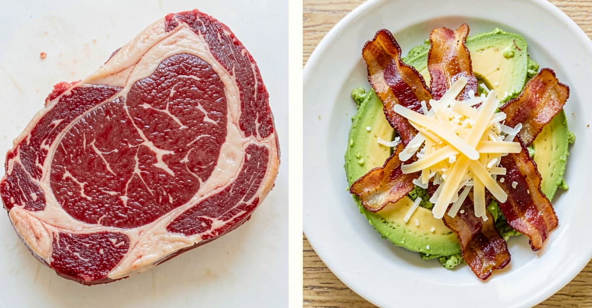 Ribeye steak on one side, avocado and bacon on the other — carnivore diet versus keto diet