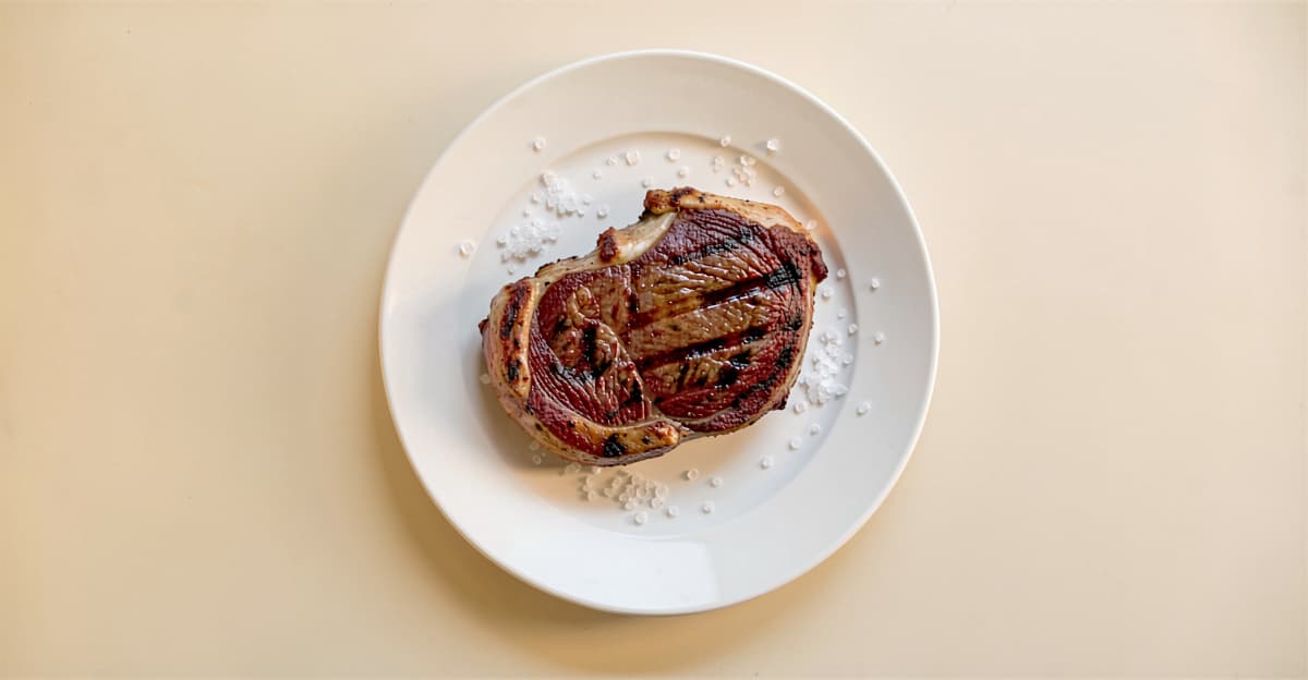 A simple plate of grilled ribeye steak with coarse salt — the entire Lion Diet in one image